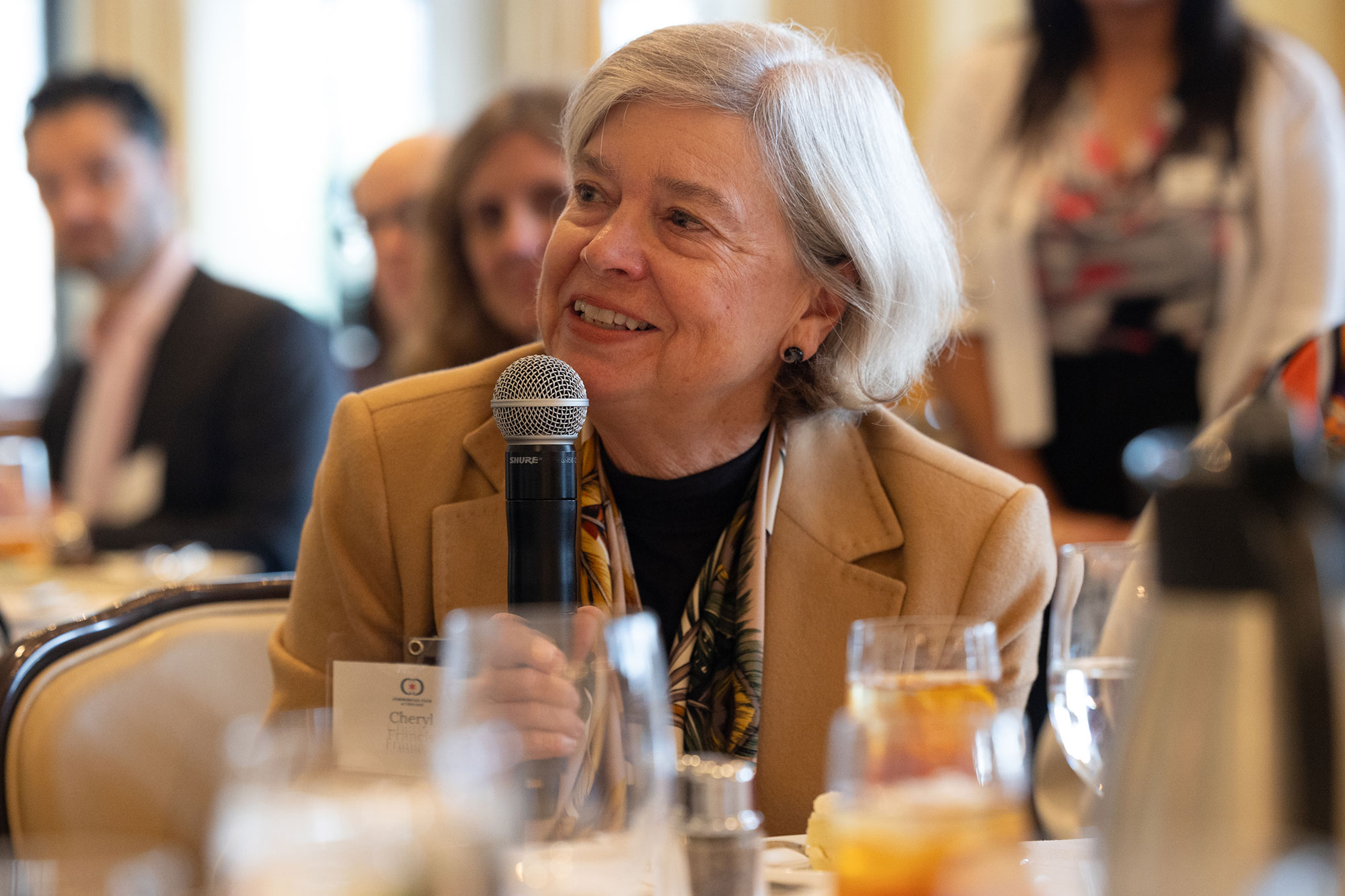 A person speaks into a microphone